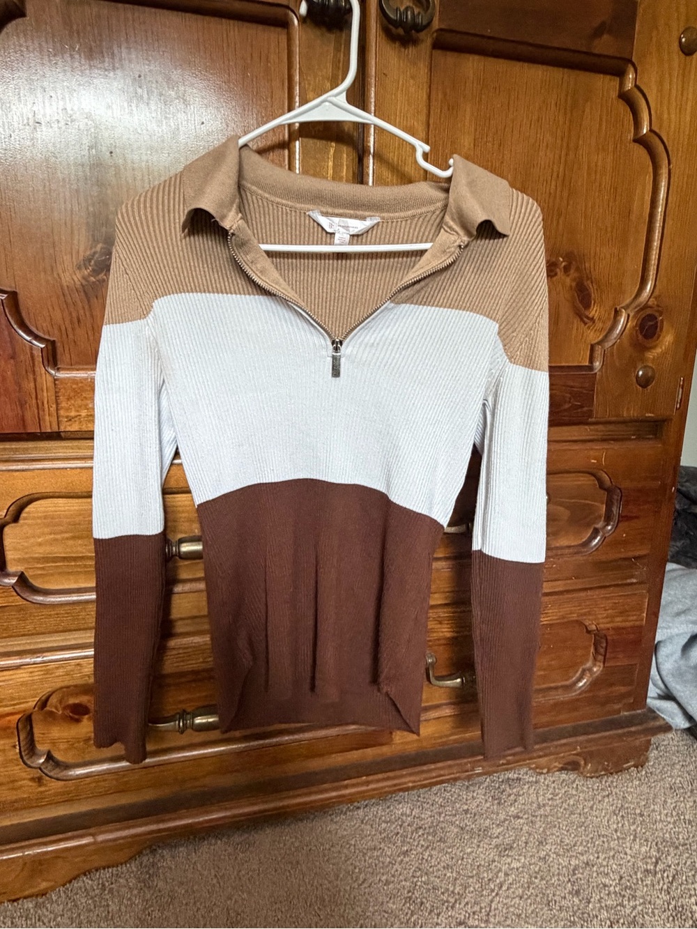 No Boundaries Cream and Brown Ribbed Half-Zip Pullover